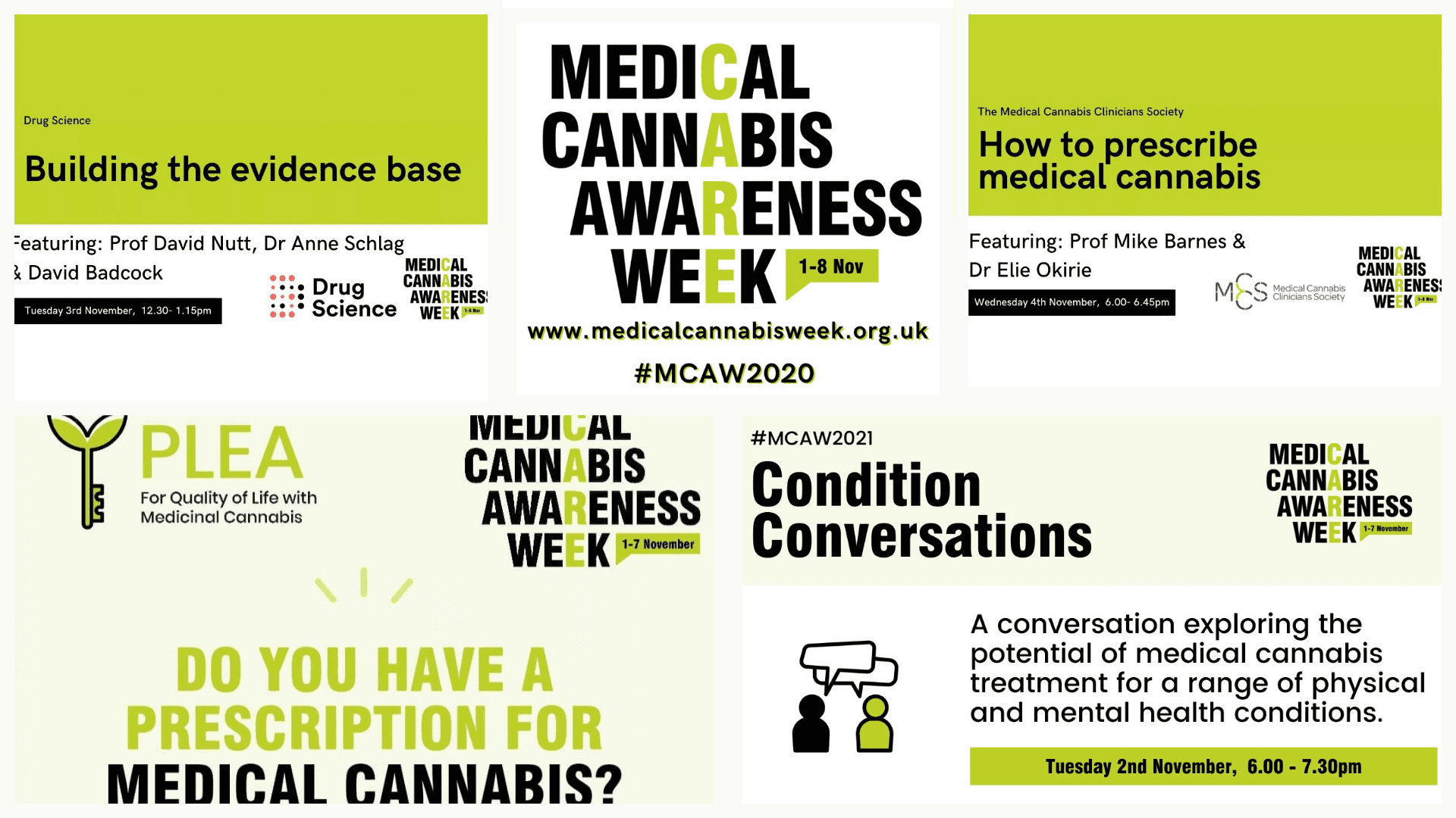 A collage of MCAW campaign graphics from 2020 and 2021, including sessions with Drug Science, the Medical Cannabis Clinicians Society and PLEA.